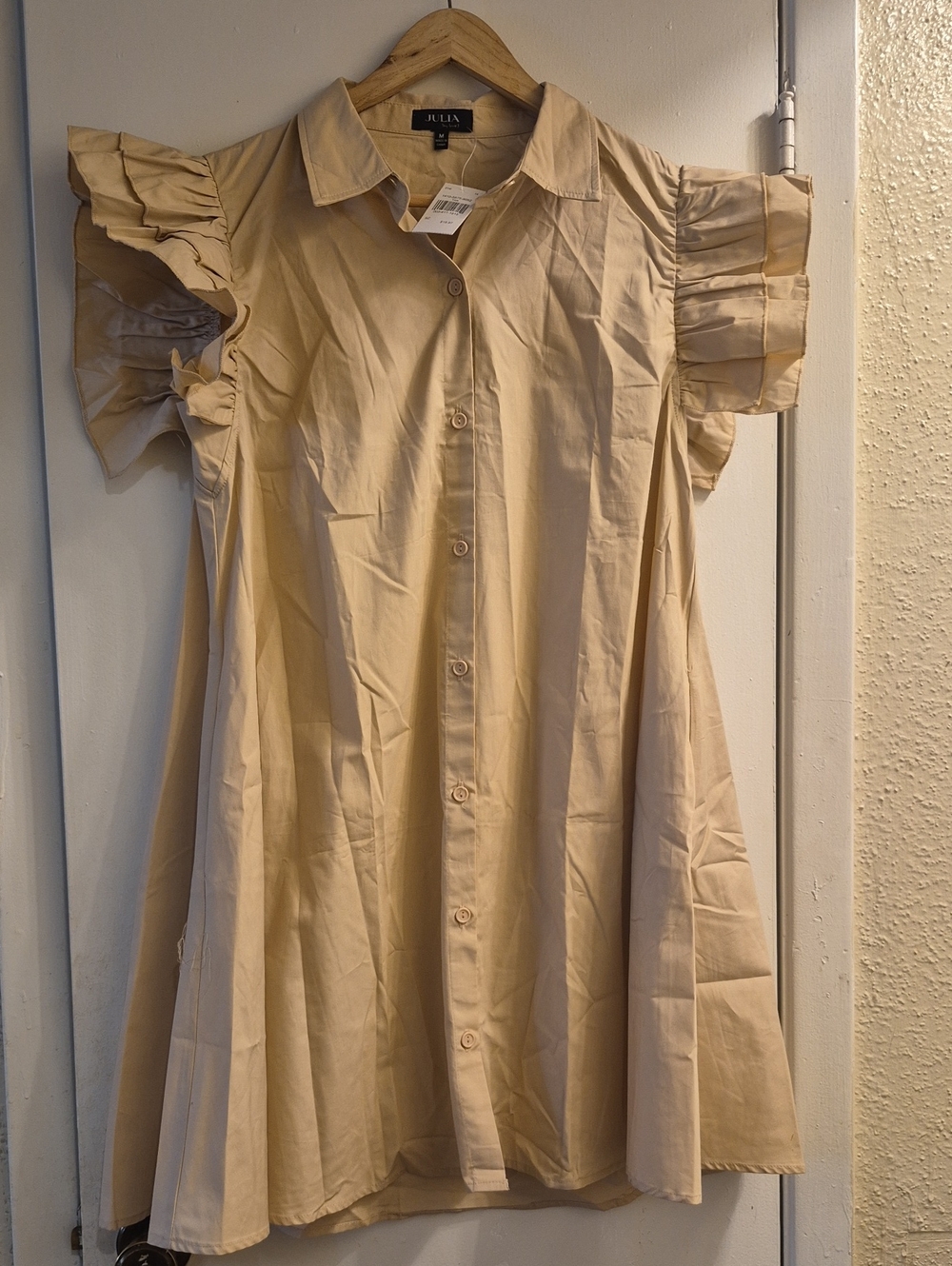 Julia Beige Ruffle-Sleeve Mini Shirt Dress